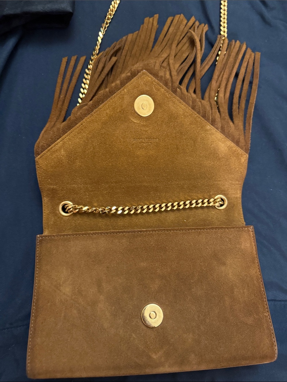 Saint Laurent Brown Suede Fringe Shoulder Bag with Gold YSL Hardware - Picture 11 of 17